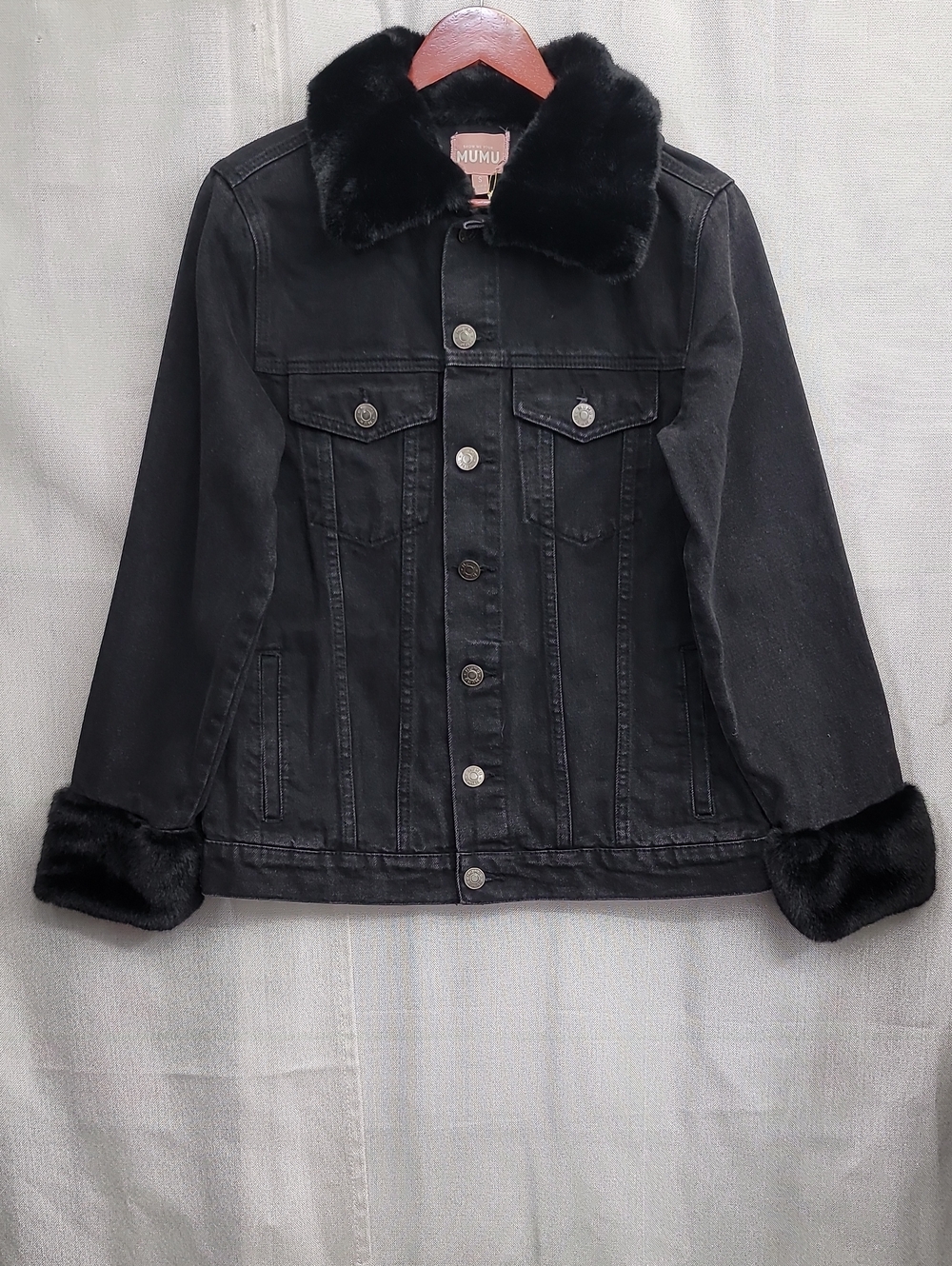 Show Me Your Mumu Nwt Montana Black Denim Jacket with Faux Fur Trim Size Small